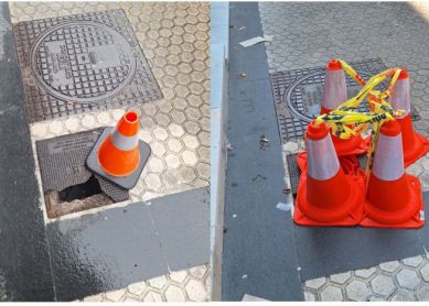 Tapa de alcantarilla en mal estado